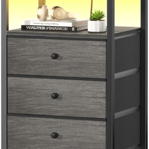 BOLUO White Nightstand with Charging Station, LED Night Stand with 2 Fabric Drawers, Bedside Table with USB Ports and Outlets, Nightstand for Bedroom Modern