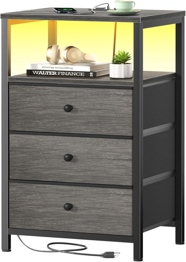 BOLUO White Nightstand with Charging Station, LED Night Stand with 2 Fabric Drawers, Bedside Table with USB Ports and Outlets, Nightstand for Bedroom Modern