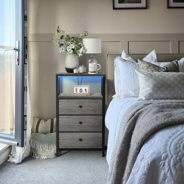 BOLUO White Nightstand with Charging Station, LED Night Stand with 2 Fabric Drawers, Bedside Table with USB Ports and Outlets, Nightstand for Bedroom Modern