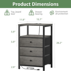 BOLUO White Nightstand with Charging Station, LED Night Stand with 2 Fabric Drawers, Bedside Table with USB Ports and Outlets, Nightstand for Bedroom Modern