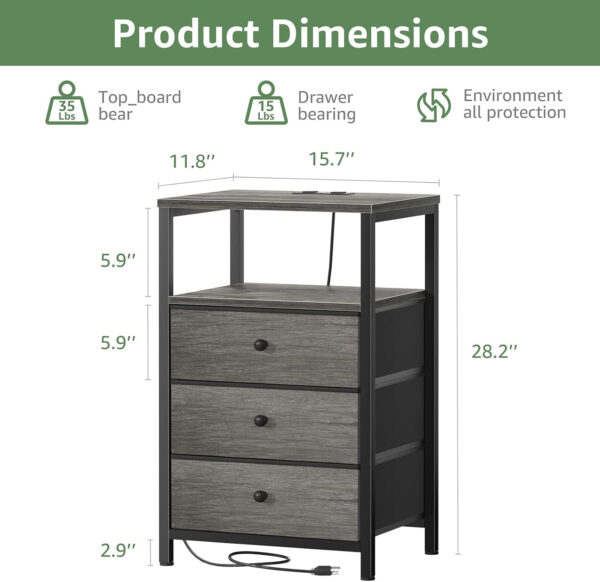 BOLUO White Nightstand with Charging Station, LED Night Stand with 2 Fabric Drawers, Bedside Table with USB Ports and Outlets, Nightstand for Bedroom Modern