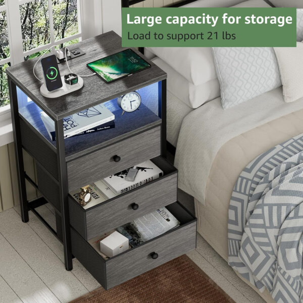 BOLUO White Nightstand with Charging Station, LED Night Stand with 2 Fabric Drawers, Bedside Table with USB Ports and Outlets, Nightstand for Bedroom Modern