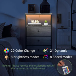 BOLUO White Nightstand with Charging Station, LED Night Stand with 2 Fabric Drawers, Bedside Table with USB Ports and Outlets, Nightstand for Bedroom Modern