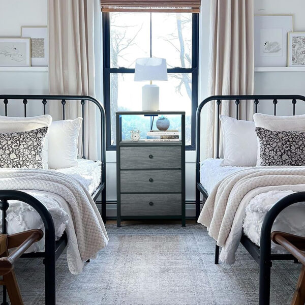 BOLUO White Nightstand with Charging Station, LED Night Stand with 2 Fabric Drawers, Bedside Table with USB Ports and Outlets, Nightstand for Bedroom Modern