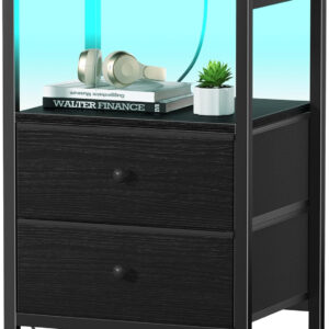 BOLUO White Nightstand with Charging Station, LED Night Stand with 2 Fabric Drawers, Bedside Table with USB Ports and Outlets, Nightstand for Bedroom Modern