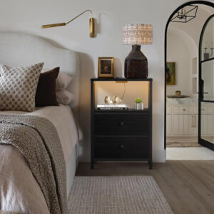 BOLUO White Nightstand with Charging Station, LED Night Stand with 2 Fabric Drawers, Bedside Table with USB Ports and Outlets, Nightstand for Bedroom Modern