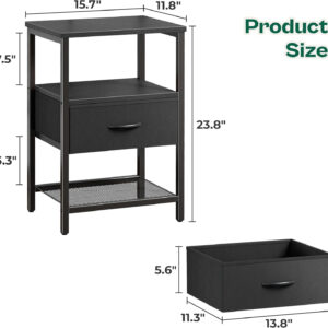 Huuger Nightstand Set of 2, Night Stand with Fabric Drawer, Mesh Shelf, Side Table with Storage, Fabric Drawer Dresser, Open Shelf, Metal Frame, Bedroom, Rustic Brown