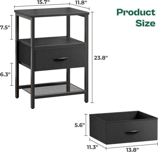Huuger Nightstand Set of 2, Night Stand with Fabric Drawer, Mesh Shelf, Side Table with Storage, Fabric Drawer Dresser, Open Shelf, Metal Frame, Bedroom, Rustic Brown