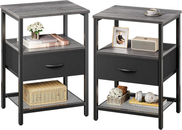 Huuger Nightstand Set of 2, Night Stand with Fabric Drawer, Mesh Shelf, Side Table with Storage, Fabric Drawer Dresser, Open Shelf, Metal Frame, Bedroom, Rustic Brown
