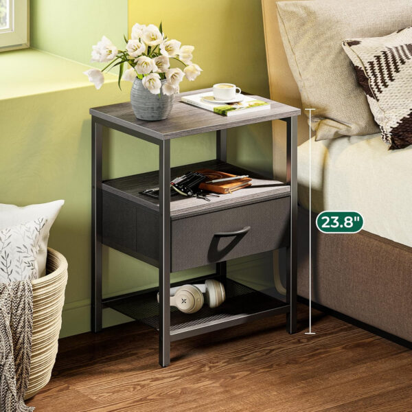 Huuger Nightstand Set of 2, Night Stand with Fabric Drawer, Mesh Shelf, Side Table with Storage, Fabric Drawer Dresser, Open Shelf, Metal Frame, Bedroom, Rustic Brown