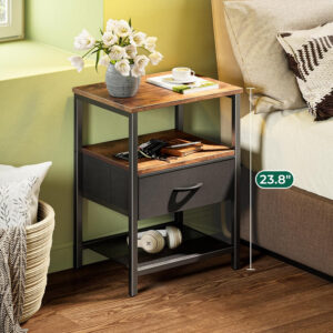 Huuger Nightstand Set of 2, Night Stand with Fabric Drawer, Mesh Shelf, Side Table with Storage, Fabric Drawer Dresser, Open Shelf, Metal Frame, Bedroom, Rustic Brown