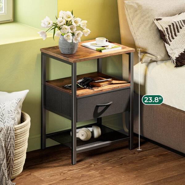 Huuger Nightstand Set of 2, Night Stand with Fabric Drawer, Mesh Shelf, Side Table with Storage, Fabric Drawer Dresser, Open Shelf, Metal Frame, Bedroom, Rustic Brown