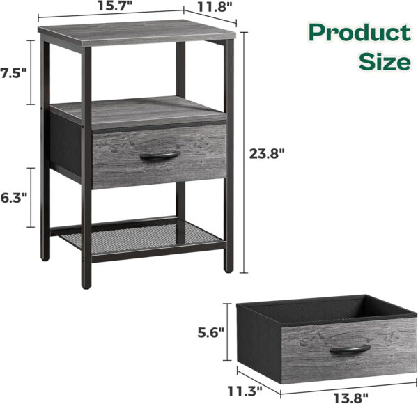 Huuger Nightstand Set of 2, Night Stand with Fabric Drawer, Mesh Shelf, Side Table with Storage, Fabric Drawer Dresser, Open Shelf, Metal Frame, Bedroom, Rustic Brown