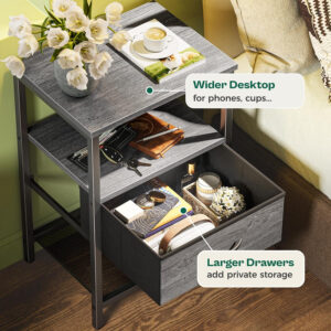 Huuger Nightstand Set of 2, Night Stand with Fabric Drawer, Mesh Shelf, Side Table with Storage, Fabric Drawer Dresser, Open Shelf, Metal Frame, Bedroom, Rustic Brown