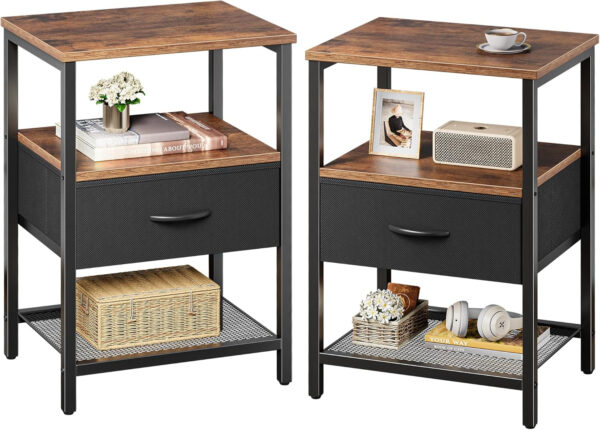 Huuger Nightstand Set of 2, Night Stand with Fabric Drawer, Mesh Shelf, Side Table with Storage, Fabric Drawer Dresser, Open Shelf, Metal Frame, Bedroom, Rustic Brown