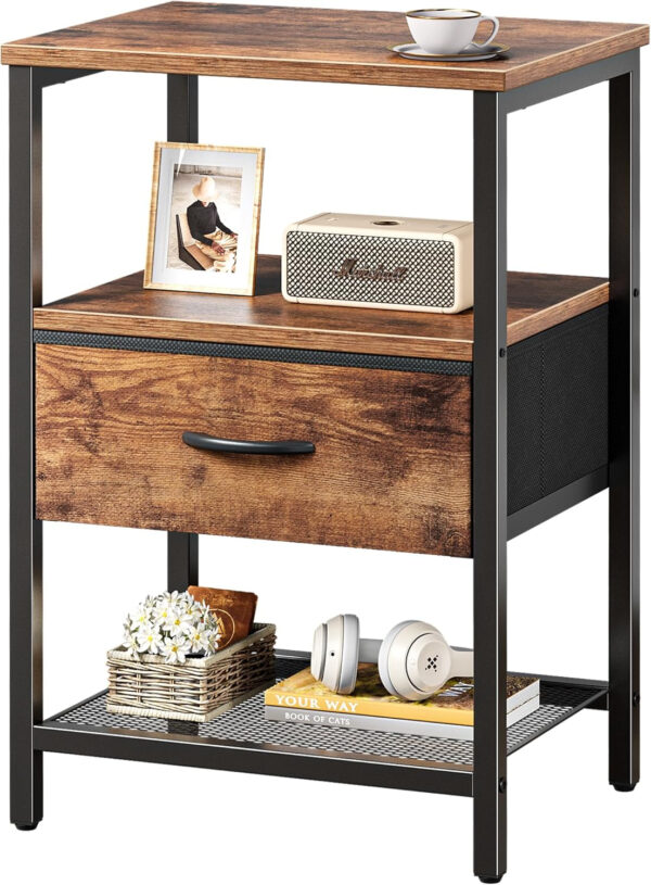 Huuger Nightstand Set of 2, Night Stand with Fabric Drawer, Mesh Shelf, Side Table with Storage, Fabric Drawer Dresser, Open Shelf, Metal Frame, Bedroom, Rustic Brown