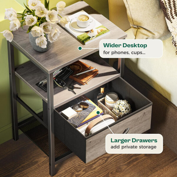 Huuger Nightstand Set of 2, Night Stand with Fabric Drawer, Mesh Shelf, Side Table with Storage, Fabric Drawer Dresser, Open Shelf, Metal Frame, Bedroom, Rustic Brown