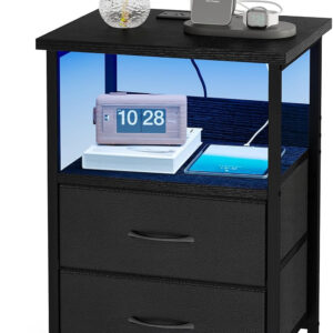 Fixwal Night Stand with Charging Station, LED Nightstand with U-S-B Ports and Outlets, 2 Fabric Storage Drawers with PU Finish, Small Bedside Table, Black