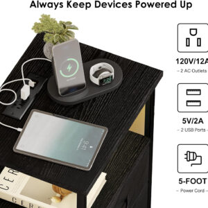 Fixwal Night Stand with Charging Station, LED Nightstand with U-S-B Ports and Outlets, 2 Fabric Storage Drawers with PU Finish, Small Bedside Table, Black