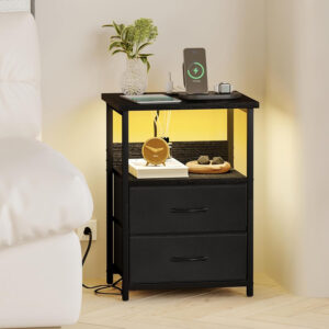 Fixwal Night Stand with Charging Station, LED Nightstand with U-S-B Ports and Outlets, 2 Fabric Storage Drawers with PU Finish, Small Bedside Table, Black