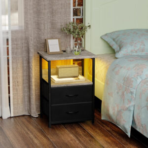 Fixwal Night Stand with Charging Station, LED Nightstand with U-S-B Ports and Outlets, 2 Fabric Storage Drawers with PU Finish, Small Bedside Table, Black