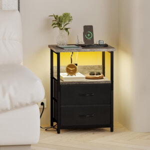 Fixwal Night Stand with Charging Station, LED Nightstand with U-S-B Ports and Outlets, 2 Fabric Storage Drawers with PU Finish, Small Bedside Table, Black