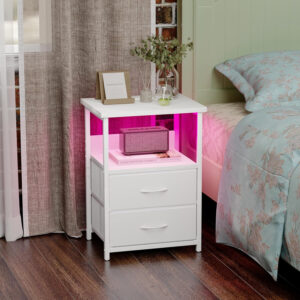 Fixwal Night Stand with Charging Station, LED Nightstand with U-S-B Ports and Outlets, 2 Fabric Storage Drawers with PU Finish, Small Bedside Table, Black