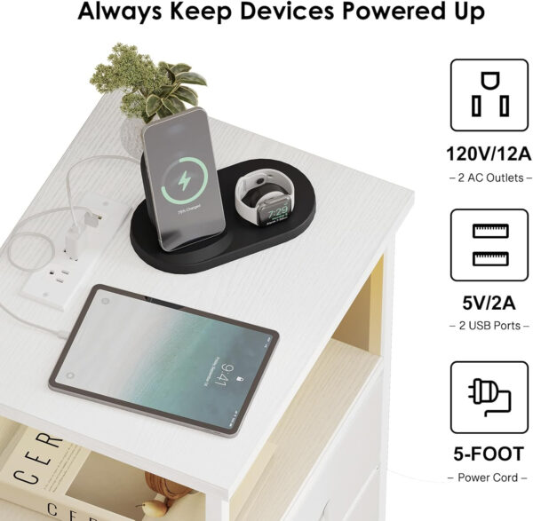 Fixwal Night Stand with Charging Station, LED Nightstand with U-S-B Ports and Outlets, 2 Fabric Storage Drawers with PU Finish, Small Bedside Table, Black