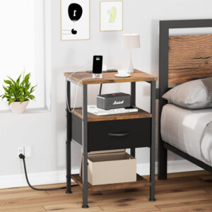 Fixwal Night Stand with Charging Station, LED Nightstand with U-S-B Ports and Outlets, 2 Fabric Storage Drawers with PU Finish, Small Bedside Table, Black