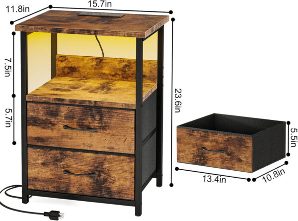 Fixwal Night Stand with Charging Station, LED Nightstand with U-S-B Ports and Outlets, 2 Fabric Storage Drawers with PU Finish, Small Bedside Table, Black