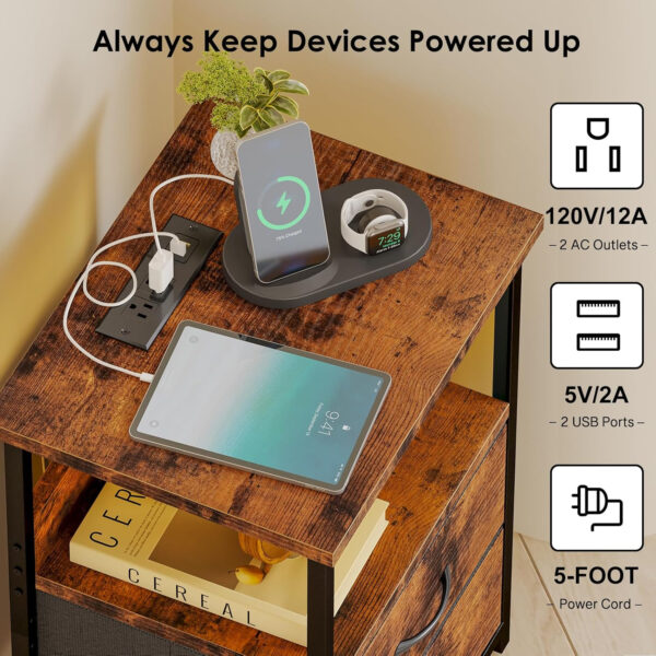 Fixwal Night Stand with Charging Station, LED Nightstand with U-S-B Ports and Outlets, 2 Fabric Storage Drawers with PU Finish, Small Bedside Table, Black