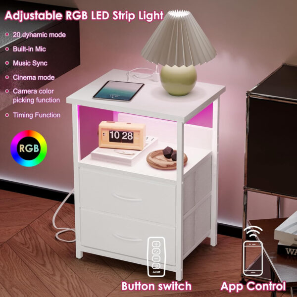 Fixwal Night Stand with Charging Station, LED Nightstand with U-S-B Ports and Outlets, 2 Fabric Storage Drawers with PU Finish, Small Bedside Table, Black
