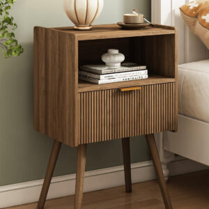 6887c4e102f32086c8436098af9cef87ecb140b44718120429748.jpg Nightstand,Modern Bedside Table with Storage Drawer and Open Wood Shelf, for Living Room, Bedroom and Small Spaces, Accent Night Stand with Solid Wood Legs, Easy Assembly,Walnut Brown