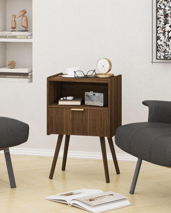 6887c4e9394c42292dff2da7bdebc5f64256ca3c7ceeadec9e007.jpg Nightstand,Modern Bedside Table with Storage Drawer and Open Wood Shelf, for Living Room, Bedroom and Small Spaces, Accent Night Stand with Solid Wood Legs, Easy Assembly,Walnut Brown