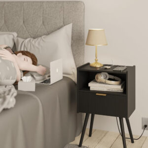 6887c4ee4eecd3cf1793b80eedb296b6b2d6b36e87edd82268699.jpg Nightstand,Modern Bedside Table with Storage Drawer and Open Wood Shelf, for Living Room, Bedroom and Small Spaces, Accent Night Stand with Solid Wood Legs, Easy Assembly,Walnut Brown