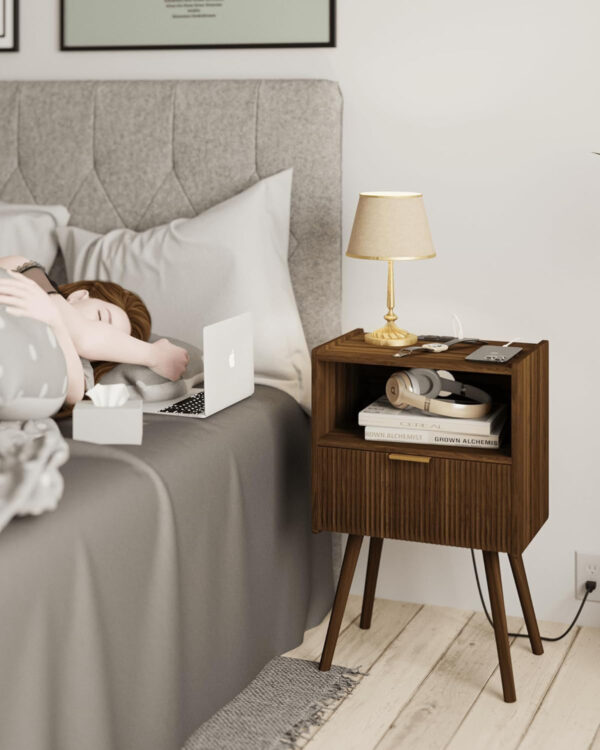 6887c53b0e577ac354576cc45af73216eee0e66b935f5b5a72466.jpg Nightstand,Modern Bedside Table with Storage Drawer and Open Wood Shelf, for Living Room, Bedroom and Small Spaces, Accent Night Stand with Solid Wood Legs, Easy Assembly,Walnut Brown