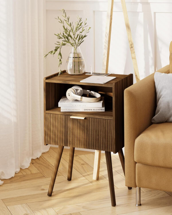 6887c53ed0e3fb3cb837b18d7dc856f58d0d5fe70828e53bdde55.jpg Nightstand,Modern Bedside Table with Storage Drawer and Open Wood Shelf, for Living Room, Bedroom and Small Spaces, Accent Night Stand with Solid Wood Legs, Easy Assembly,Walnut Brown