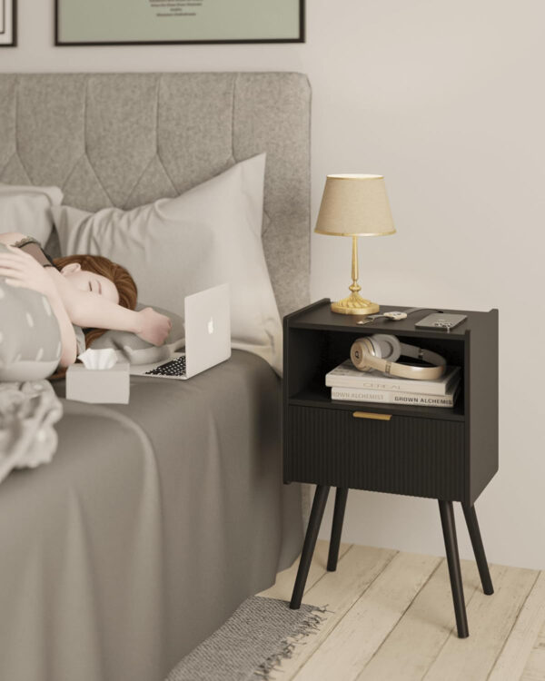 6887c54288db81941b0848b83f36d2c6a442756b0c66a377bb097.jpg Nightstand,Modern Bedside Table with Storage Drawer and Open Wood Shelf, for Living Room, Bedroom and Small Spaces, Accent Night Stand with Solid Wood Legs, Easy Assembly,Walnut Brown