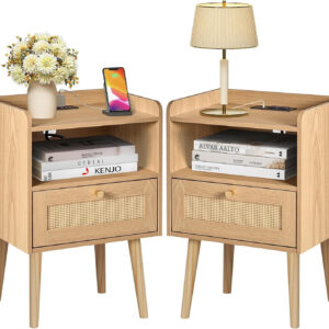 6887c57f601933ef50132a4efa54e276b9ecb399f061a408069ac.jpg Rattan Nightstand with Charging Station, Mid Century Modern Bed Side Table, Boho End Table with Wood Legs, Bedside Tables for Farmhouse Bedroom Living Room Dorm Sofa Couch Office Corner (2, Natural)