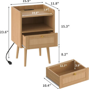 6887c581a923297d93e77d5c5ca0a16fad1acb70dffeb97508d28.jpg Rattan Nightstand with Charging Station, Mid Century Modern Bed Side Table, Boho End Table with Wood Legs, Bedside Tables for Farmhouse Bedroom Living Room Dorm Sofa Couch Office Corner (2, Natural)