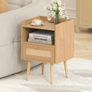 6887c585cfbb2b8f161211e38ed6790445b09137a703af3c67496.jpg Rattan Nightstand with Charging Station, Mid Century Modern Bed Side Table, Boho End Table with Wood Legs, Bedside Tables for Farmhouse Bedroom Living Room Dorm Sofa Couch Office Corner (2, Natural)