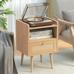 6887c58737b133a525b6741859c0aa231f29efa040f895b5b20aa.jpg Rattan Nightstand with Charging Station, Mid Century Modern Bed Side Table, Boho End Table with Wood Legs, Bedside Tables for Farmhouse Bedroom Living Room Dorm Sofa Couch Office Corner (2, Natural)