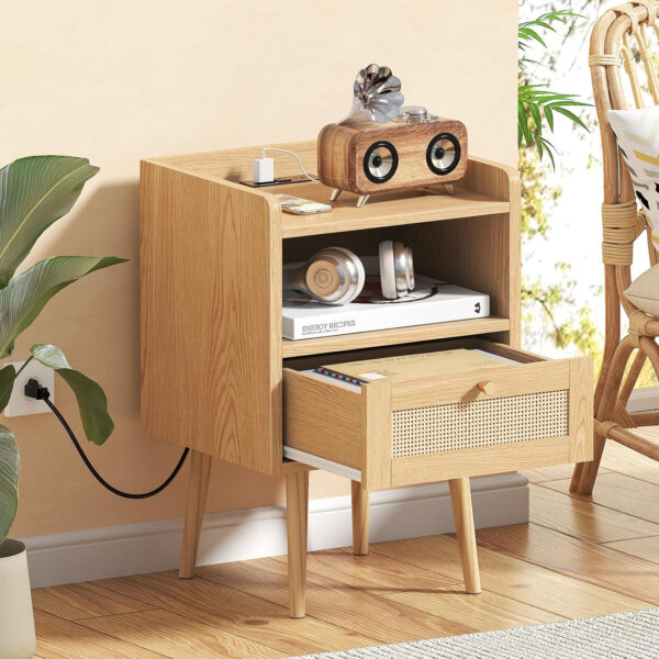 6887c58a3216a6f4c10305d91bb7845e66637a257e4d2cbeffe9a.jpg Rattan Nightstand with Charging Station, Mid Century Modern Bed Side Table, Boho End Table with Wood Legs, Bedside Tables for Farmhouse Bedroom Living Room Dorm Sofa Couch Office Corner (2, Natural)