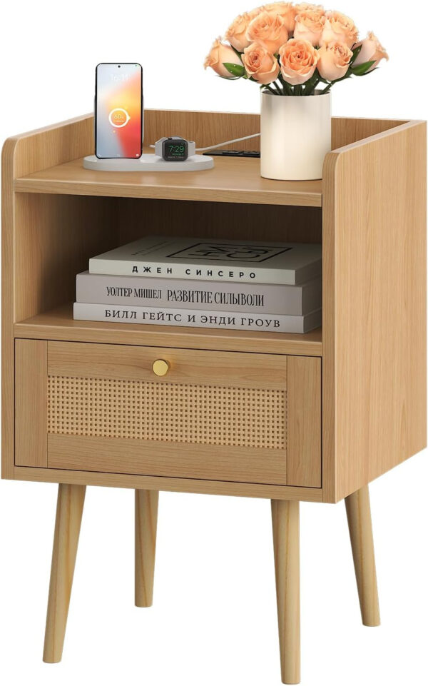 6887c58b605eef318d9d0a775a403ae2851fd5052a0501eb546ed.jpg Rattan Nightstand with Charging Station, Mid Century Modern Bed Side Table, Boho End Table with Wood Legs, Bedside Tables for Farmhouse Bedroom Living Room Dorm Sofa Couch Office Corner (2, Natural)