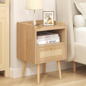 6887c58c9c93a77078380de10f82e24c6e98c448a40ffa51defa9.jpg Rattan Nightstand with Charging Station, Mid Century Modern Bed Side Table, Boho End Table with Wood Legs, Bedside Tables for Farmhouse Bedroom Living Room Dorm Sofa Couch Office Corner (2, Natural)