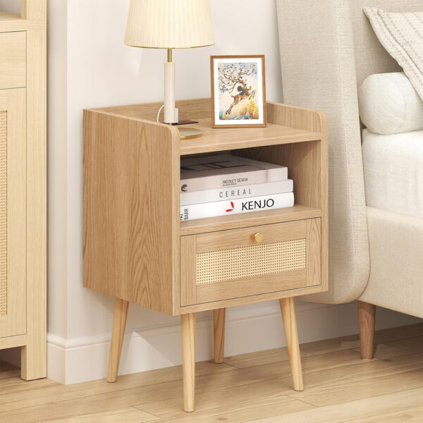 6887c58c9c93a77078380de10f82e24c6e98c448a40ffa51defa9.jpg Rattan Nightstand with Charging Station, Mid Century Modern Bed Side Table, Boho End Table with Wood Legs, Bedside Tables for Farmhouse Bedroom Living Room Dorm Sofa Couch Office Corner (2, Natural)