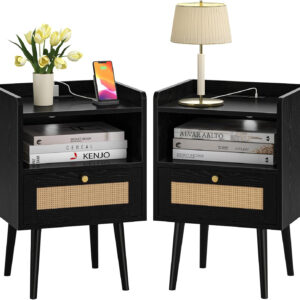 6887c591ef91afd184c7f93f268d7d9d35ef8e50d3fad50c87419.jpg Rattan Nightstand with Charging Station, Mid Century Modern Bed Side Table, Boho End Table with Wood Legs, Bedside Tables for Farmhouse Bedroom Living Room Dorm Sofa Couch Office Corner (2, Natural)