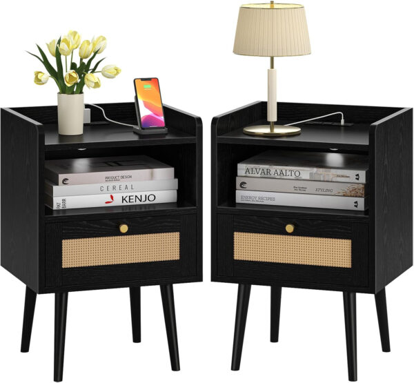 6887c591ef91afd184c7f93f268d7d9d35ef8e50d3fad50c87419.jpg Rattan Nightstand with Charging Station, Mid Century Modern Bed Side Table, Boho End Table with Wood Legs, Bedside Tables for Farmhouse Bedroom Living Room Dorm Sofa Couch Office Corner (2, Natural)