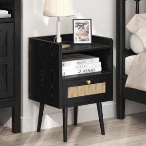 6887c59359ac7ee0f8fed6fc59af29821b0257403934c30817681.jpg Rattan Nightstand with Charging Station, Mid Century Modern Bed Side Table, Boho End Table with Wood Legs, Bedside Tables for Farmhouse Bedroom Living Room Dorm Sofa Couch Office Corner (2, Natural)