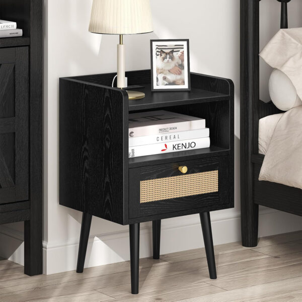 6887c59359ac7ee0f8fed6fc59af29821b0257403934c30817681.jpg Rattan Nightstand with Charging Station, Mid Century Modern Bed Side Table, Boho End Table with Wood Legs, Bedside Tables for Farmhouse Bedroom Living Room Dorm Sofa Couch Office Corner (2, Natural)